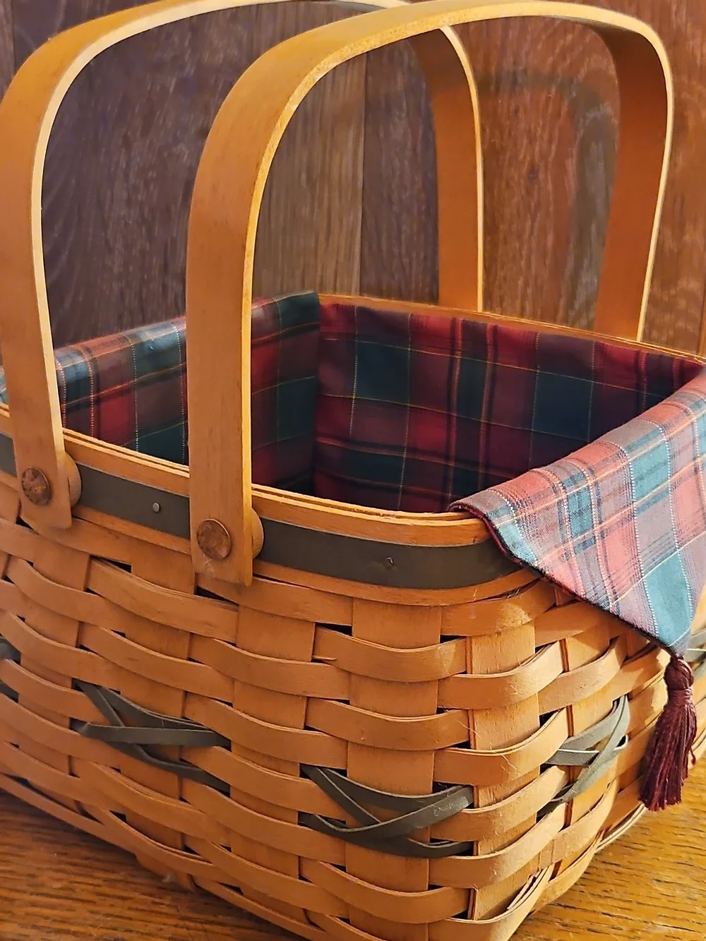 Longaberger Woven Basket with Red and Green Plaid Liner